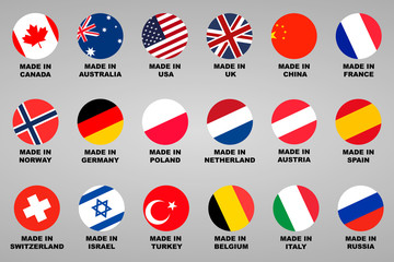 Made in. Lable 18 countries set with flags