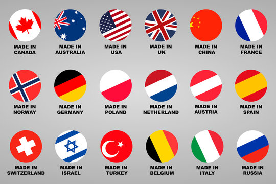 Made in. Lable 18 countries set with flags