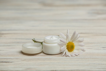 Fototapeta na wymiar cream jar and aloe leaf white can for a cosmetic cream and a chamomile flower skin care product Capacity for cosmetic cream