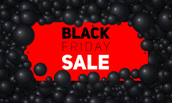 Vector Black Friday Sale illustration of white card placed in white pearls or spheres. Volumetric balls. Gift card placed in elegant shiny bubbles. Luxury sale card mockup, template.