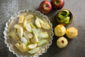 Slice of apple on tart with icing sugar