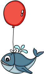 Cute whale flying with heart shaped balloon