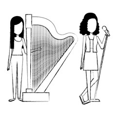 women singing and playing harp