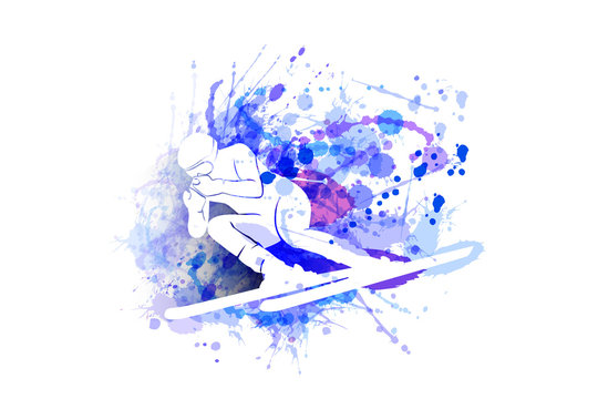 Vector white silhouette of the skier on watercolor background