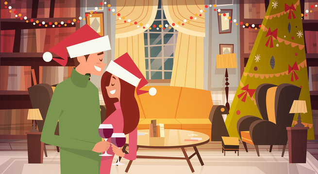 Happy Couple In Santa Hats Embracing In Living Room Decorated For Merry Christmas And Happy New Year Flat Vector Illustration