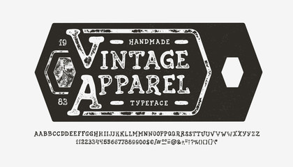 Font Vintage Apparel. Craft retro vintage typeface design. Youth fashion type. Serif textured alphabet. Pop modern display vector letters. Drawn in graphic style. Set of Latin characters, numbers