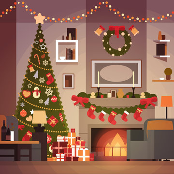 Christmas And New Year Decoration Of Living Room Pine Tree , Fireplace And Garlands Holidays Home Interior Flat Vector Illustration