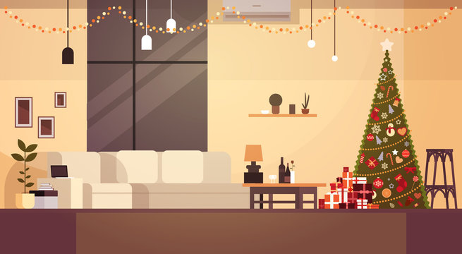 Modern Living Room Decorated For Christmas And New Year With Pine Tree And Garlands Flat Vector Illustration
