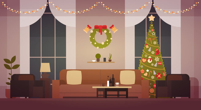 Home Christmas Interior With Pine Tree, Living Room Decoration For New Year Flat Vector Illustration