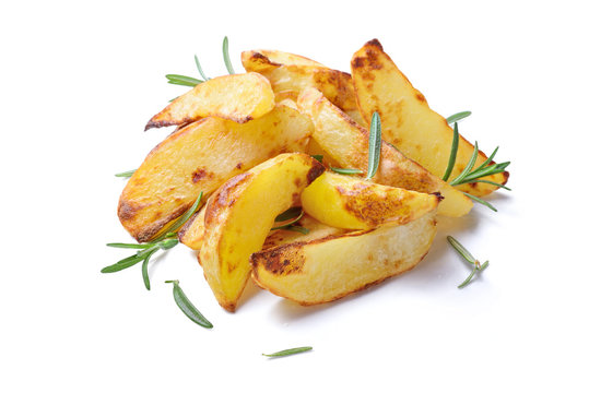 Roasted potatoes on white background