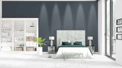 Scene with brand new interior in vogue with white rack and modern bed. 3D rendering. Horizontal arrangement.
