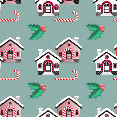 Vector seamless pattern of Christmas Candy Cane, house and holly