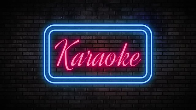 Karaoke Neon Light on Brick Wall. Night Bar Blinking Neon Sign. Motion Animation. Video available in 4K FullHD and HD render footage