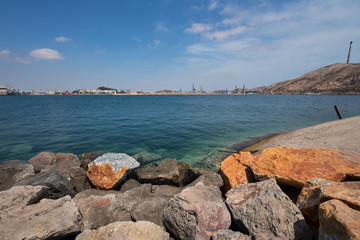 Cartagena bay, Cartagena city is in the background, Murcia, Spain.