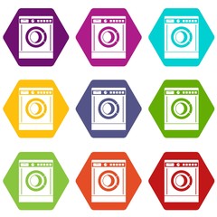 Washing machine icon set color hexahedron