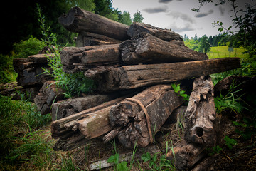 Old wooden oak tree sleepers in group