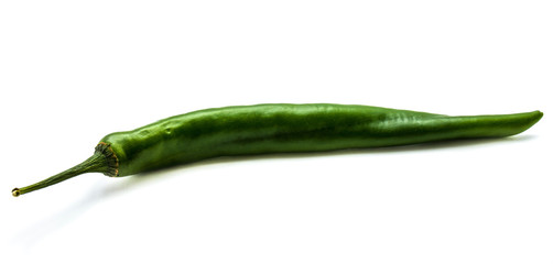 One whole Chilli pepper, green Cayenne, isolated on white background