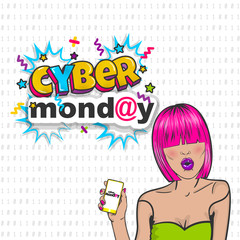 Cyber Monday cute woman pop art hold phone