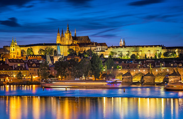 View on the Charles Bridge and Castle in Prague at night