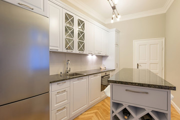 Kitchen interior in new apartment with kitchen island