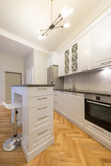 Kitchen interior in new apartment with kitchen island