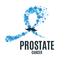 Movember blue ribbon made of dots with a mustache on white background. Prostate cancer solidarity symbol. Men health care health medical concept. Awareness month. Vector illustration