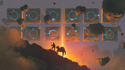 sci-fi scenery of man and horse walking up a mountain against mysterious rocks floating in the air, digital art style, illustration painting © grandfailure