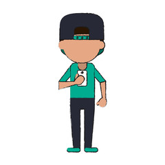 man avatar with cap using cellphone icon image vector illustration design 