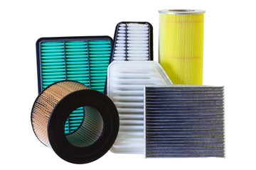 composition of  filters for car engine on a white background