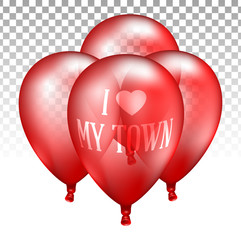 3d Realistic red transparent Balloon. Vector illustration of photorealistic flying helium balloon, i love my town