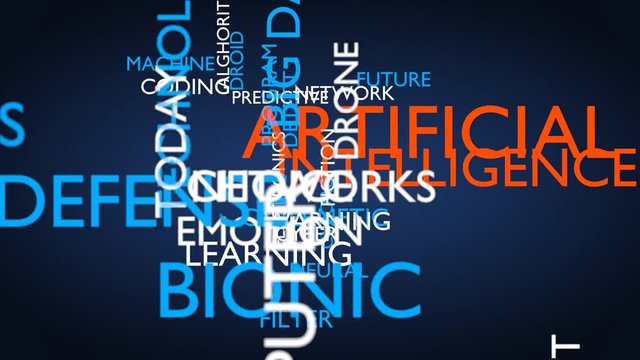 Artificial intelligence word tag cloud. 3D rendering, loop able, blue variant, UHD