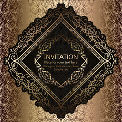 Abstract background with calligraphic luxury gold flourishes and vintage frame, victorian banner,wallpaper ornaments, invitation card, baroque style booklet, fashion pattern, template for design.