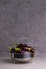 Organic fresh eggplants in the metal bowl. Stone background. Free space for text.