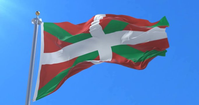 Basque country flag named Ikurri&ntilde;a moving slowly by the wind with blue sky, loop