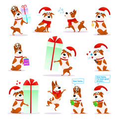 Christmas funny cartoon dog emoticons set. Xmas flat puppy emoji collection. Happy terrier wearing deer horns and Santa hat isolated on white background. Christmas or New Year 2018 vector illustration