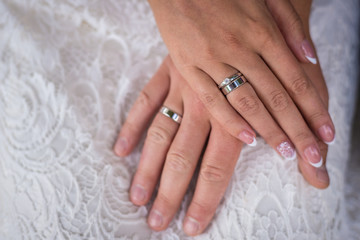 Bride's hand on the bride's hand with a ring