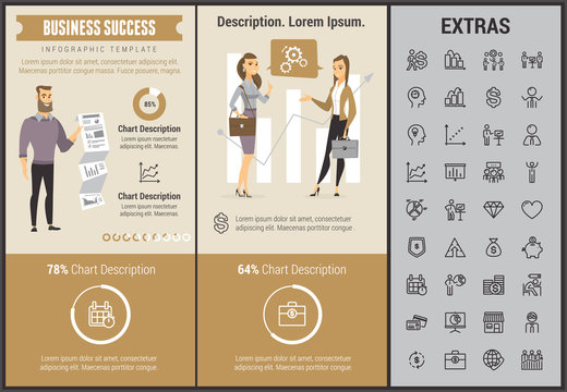 Business success infographic template, elements and icons. Infograph includes customizable graphs, charts, line icon set with business worker, successful businessman, corporate leader, market data etc