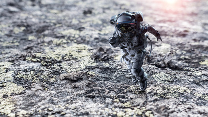 Spaceman running fast. Mixed media
