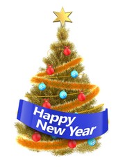 3d golden Christmas tree with happy new year sign