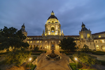 Night view of The beautiful Pasadena City Hall at Los Angeles, California