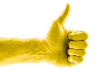 Like concept. Voting hand on blue background. One hand making thumb up gesture