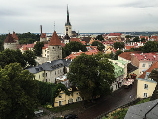 Fototapeta premium view over the rooftops of Tallinn Estonia on a rainy autumn day