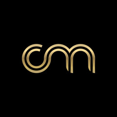 Initial lowercase letter cm, linked outline rounded logo, elegant golden color on black background