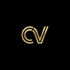 Initial lowercase letter cv, linked outline rounded logo, elegant golden color on black background