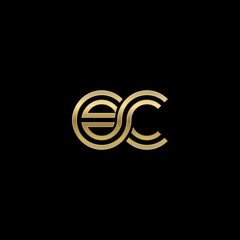 Initial lowercase letter ec, linked outline rounded logo, elegant golden color on black background - obrazy, fototapety, plakaty