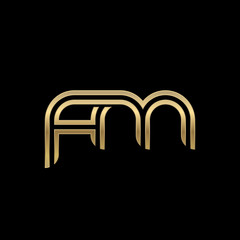 Initial lowercase letter fm, linked outline rounded logo, elegant golden color on black background