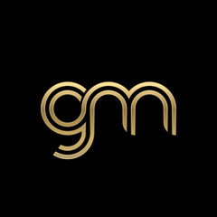 Initial lowercase letter gm, linked outline rounded logo, elegant golden color on black background