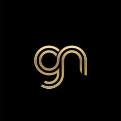 Initial lowercase letter gn, linked outline rounded logo, elegant golden color on black background