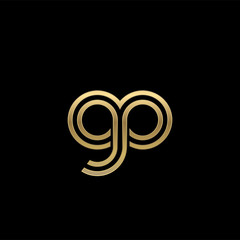 Initial lowercase letter gp, linked outline rounded logo, elegant golden color on black background