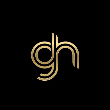 Initial lowercase letter gh, linked outline rounded logo, elegant golden color on black background